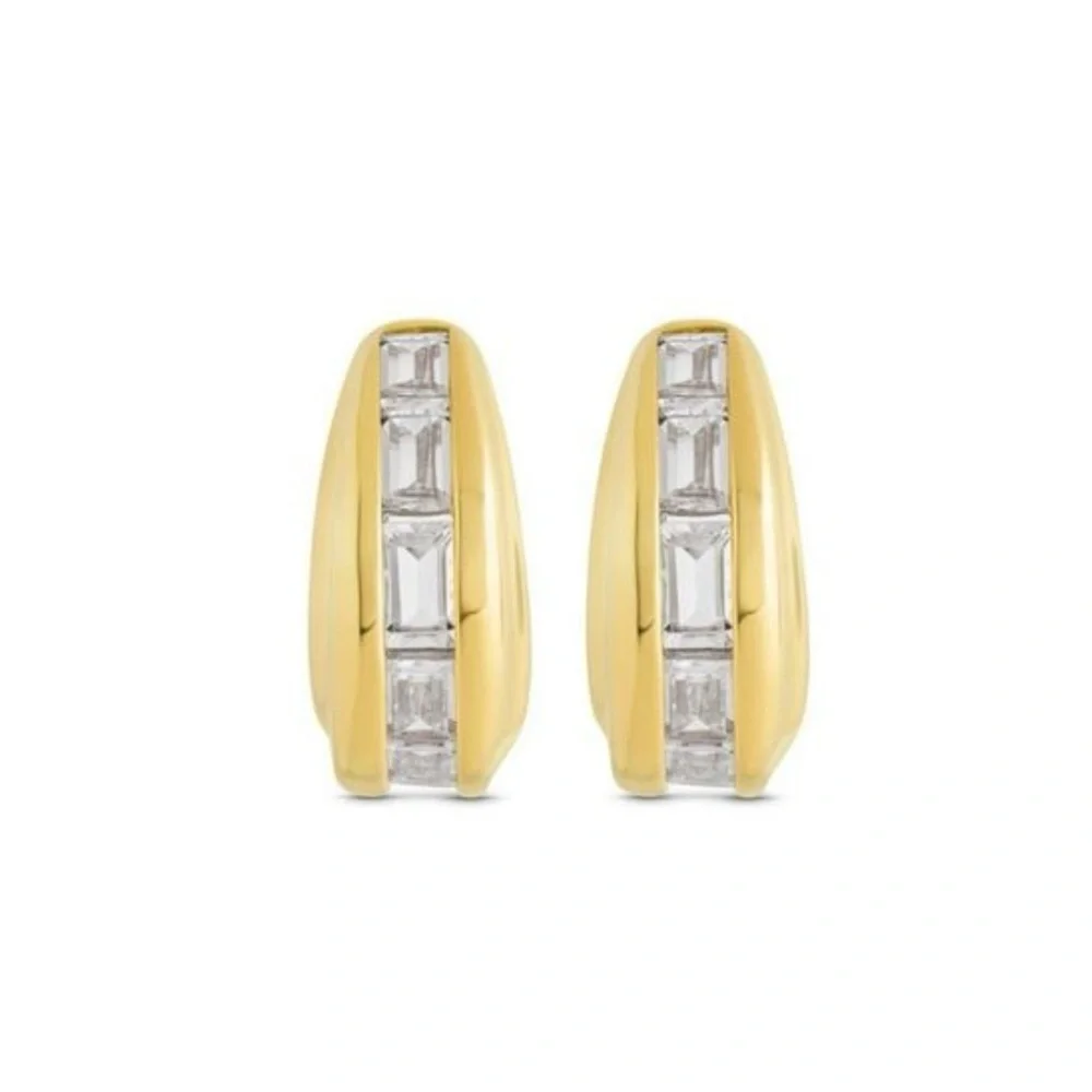 Gold 14k Plated Hoop Huggie Earrings Baguette Nola Cubic Zirconia Chic Modern